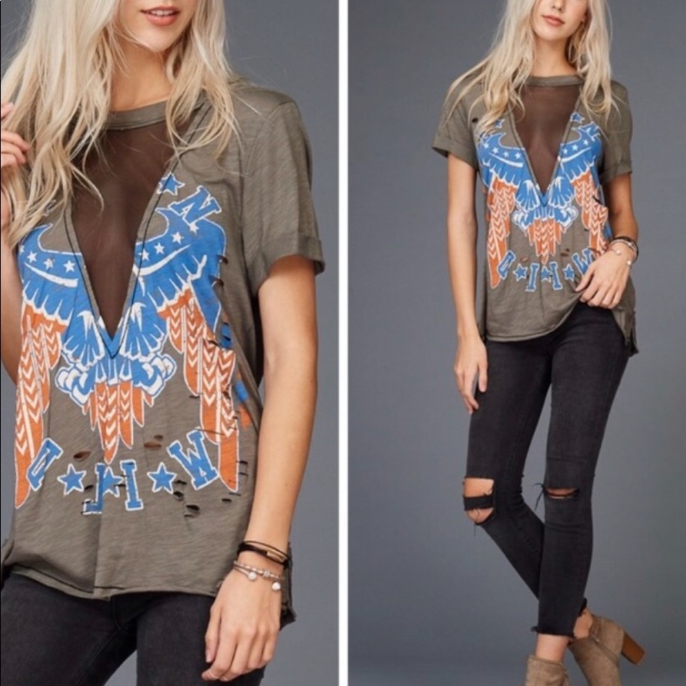 Distressed oversized mesh tee